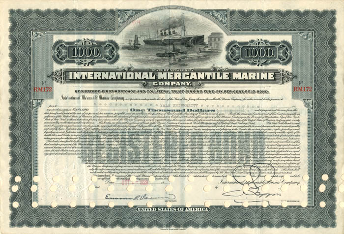 International Mercantile Marine Issued to Yale University - $1,000 Bond - Co. that Made the Titanic